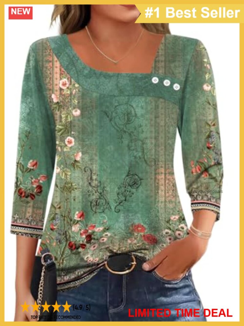 Womens 3/4 Sleeve Asymmetrical Neck Button Front Blouse Tunic Top